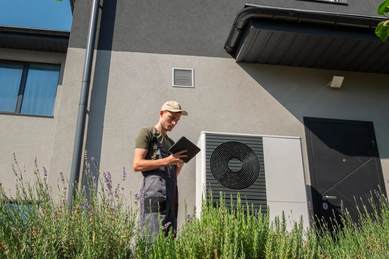 Technicien intervenant sur une unité extérieure de climatisation